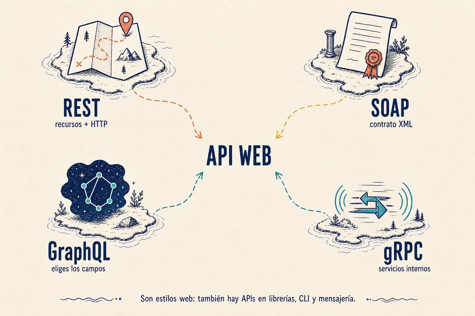 Comparativa de REST, SOAP, GraphQL y gRPC: contrato, petición y uso típico