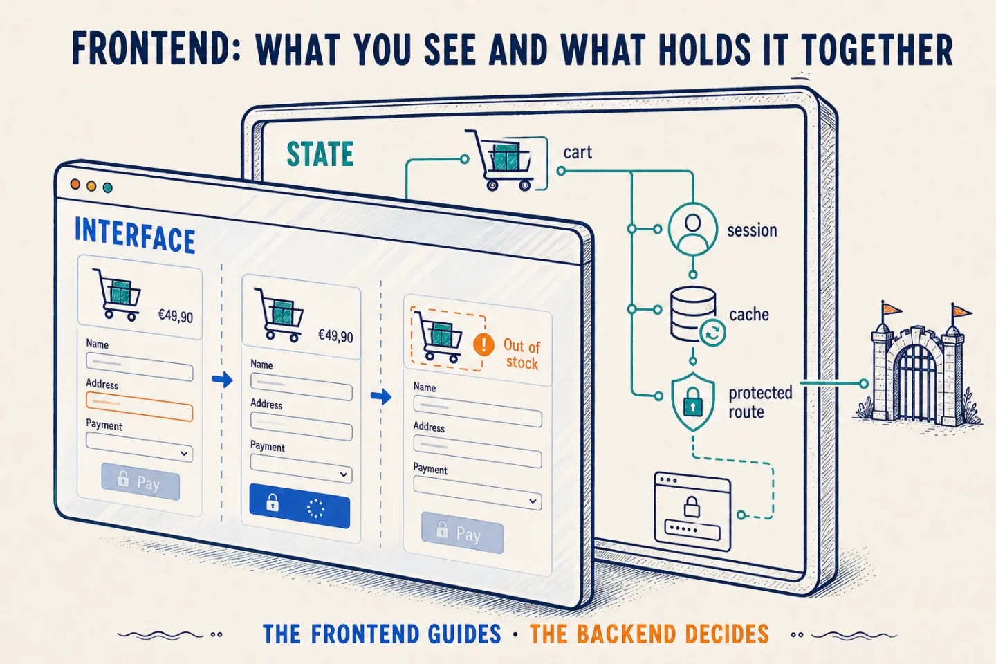 The frontend shows the interface a person sees and coordinates state, cache, session, and routes underneath